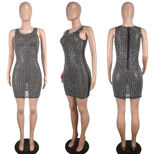 Image of Jigfar Women's Sexy Rhinestone Sheer Mesh See Through Bodycon Dress Birthday Party Club Night Outfits