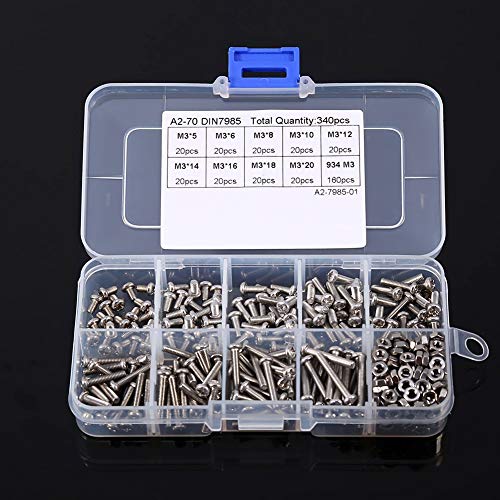 Zunate M3 Stainless Steel Screws and Nuts Assortment, 340 Pcs, Flat Head, Hex, Pan Head, Industrial Grade, Silver, Machinery - Image 2