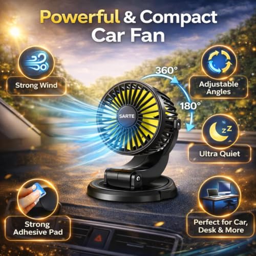 Image of SARTE Car Fan12 Volt Hi Speed 360 Rotatable and Portable Mini Air Cooler with Brushless Motor, Ultra Silent 2 Speed Adjustable Electric Summer Fan for SUV, Truck, Bus & Home