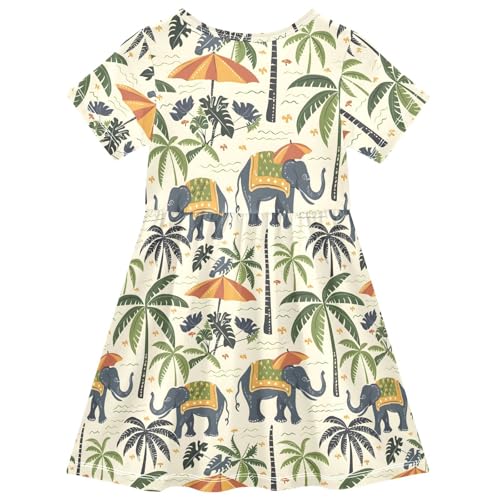 ALAZA Elephant Palm Tree Indian Girls Dress Short Sleeve Toddler Casual Dresses Summer Sundress 2-8T2
