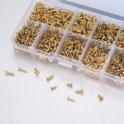 1080 Stücke Kleine Selbstschneidende Schrauben, M2/M2.5/M3 Holzschrauben, 6mm/8mm/10mm Flachkopf Kreuzkopf Blechschrauben Schrauben Set für Bürogeräte, Holzmöbel. (Gold)