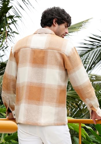 Image of CAHOOT Men's Vignette Checkered Oversized Shirt | Spread Collar, Long Single Button Cuff Sleeves | Button, Straight Hem | Plaid Twill | Woven Fabric for Casual Tan Brown:Off White