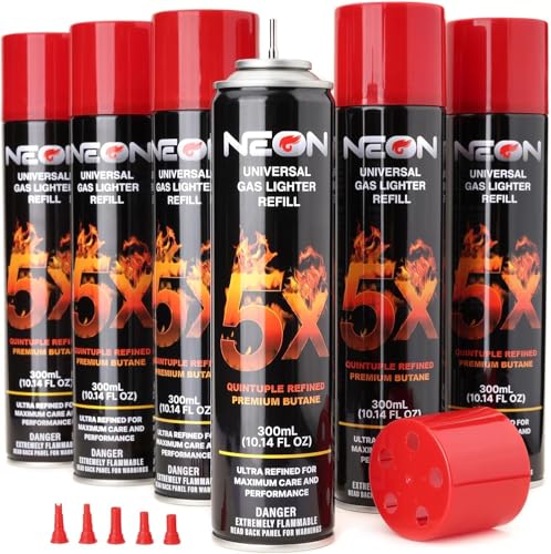 6 CAN of NEON 5X Butane Fuel Lighter Refill Gas, Blue