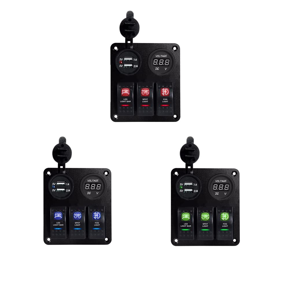Riloer Pannello interruttore combinato a 3 bande 12 V - 24 V ABS Marine Boat Car Dual USB Automotive On-Off Rocker Switch Panel con LED, con luce LED blu/rosso/verde