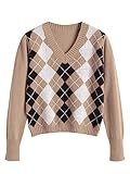 ZAFUL Women's Argyle Sweater Long-Sleeve V-Neck Plaid Knitted Crop Sweater Pullover Tops (0-Tan, M)