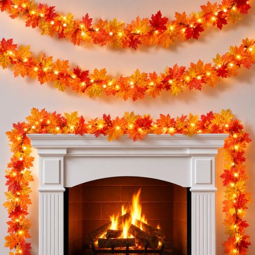 Fall Decorations for Home 9FT Plug in Fall Garland with Lights 50 Orange Bulbs Maple Leaves Light, Connectable Fall Lights for Indoor Outdoor Halloween Harvest Thanksgivings Holiday Decorations