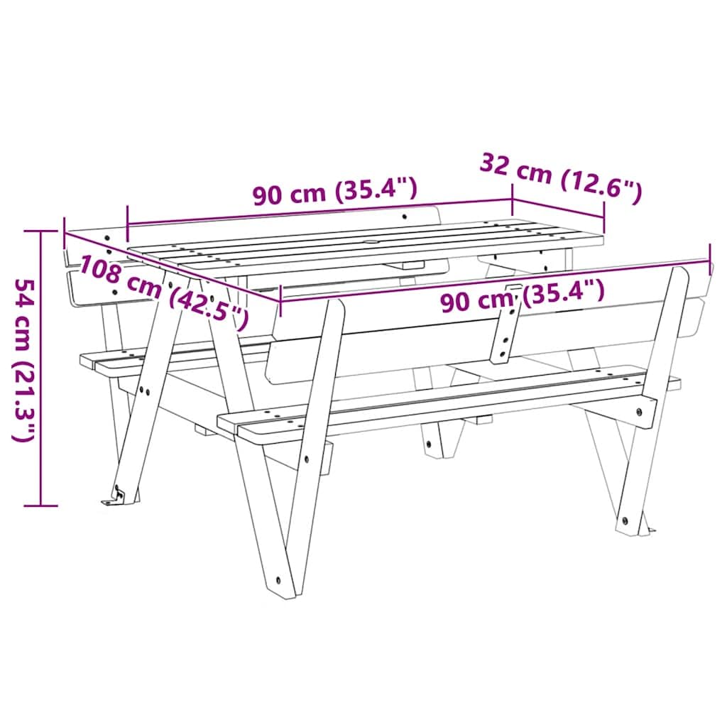 Tavolo da Picnic in Legno di Abete Massello con Panche Integrate 2 in 1 per Bambini, Set per Giardino e Spazi Esterni con Foro Ombrellone e Struttura Stabile a Forma W