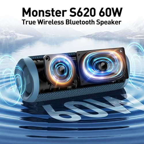 Image of Monster S620 Bluetooth Speaker, Wireless Portable Outdoor Bluetooth Speakers, 60W True Wireless Stereo IPX8 Waterproof, Dual PairingBluetooth 5.4 Built-in Mic, Perfect for Home, Blue