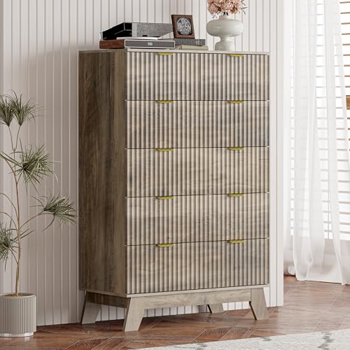 Image of Grey Dresser for Bedroom with 6 Drawer, 46 inch Tall Fluted Wooden Dresser Storage Cabinet and Chest of Drawers with Metal Handle, Storage Organizer for Living Room, Hallway, Entryway, Gray