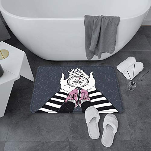 Badematte rutschfest 60x100 cm,Kompass, auf der Suche nach Liebe Mädchen hält ein Navigationsgerät Hand ge,Bodenmatte oder Badvorleger für Dusche,