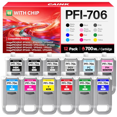 Image of PFI-706 Pigment Ink Tank 12-Pack 700ml Ink Cartridges Compatible with Canon ImagePROGRAF iPF8300 iPF8300S iPF8400F iPF8400S iPF8400SE iPF9400 iPF9400S iPF8400 iPF8410 iPF9410 iPF8410S iPF9410S Printer