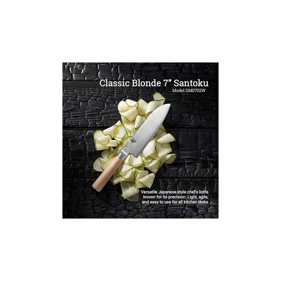 Shun-Classic-Blonde-7-Santoku-Knife-Blonde-PakkaWood-Handle-Full-Tang-VG-MAX-Blade Shun Classic Blonde 7" Santoku Knife, Handcrafted Japanese All Purpose Knife, VG-MAX Core with Damascus Stainless Steel Cladding, Pakkawood Handle, Versatile Japanese Cutting Tool