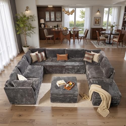 Image of ovios Modular Sectional Sofa Couch with U-Shape Chaise Ottomans, Comfy Plush Corduroy Cloud Couches, Modern Luxury Deep Seat Sofas Set for Living Room, 9-Seater, Grey