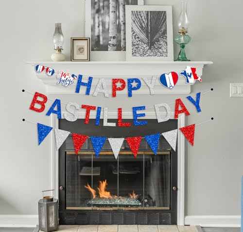 Image of Glittery Happy Bastille Day Banner French National Day Banner 14th of July Party Party Decoration Supplies for French National Day Bastille Day