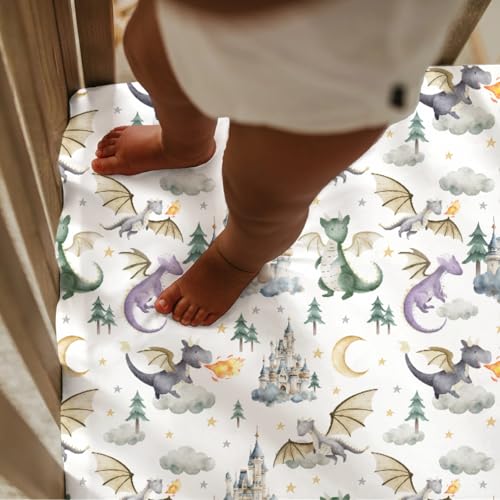 Image of Baby Boy Girl Standard Crib Sheet Covers Dragon Tale Castle, Watercolor Green Moon Cloud Star Tree Snug Fitted Toddler Mattress Sheet, Soft Stretchy Breathable Kid Nursery Bed Decor Gift 52x28