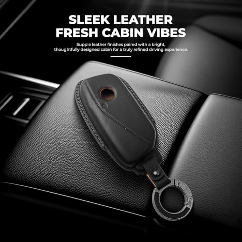 Image of Keyzone Premium Leather Key Cover & AC Vent Car Perfume Combo (4 Fragrances) | Compatible for BMW 7 Series 740i 760i X1 X7 XM IX I7, X5 2023 Onwards 4 Button Smart Key (Black)