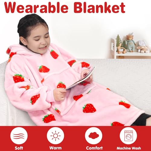 Image of Waitu Wearable Blanket for Kids, Wearable Blanket Hoodie Gifts for Teens Girls and Boys, Warm Blanket Sweatshirt for Teenage, Hoodie Blanket with Sleeves - Strawberry Pink