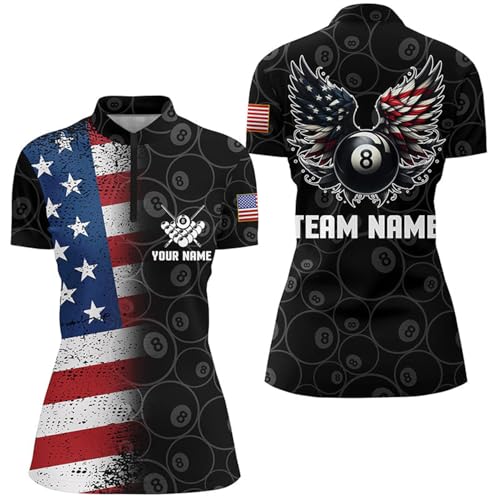 Personalized US Flag 8 Ball Billiard 3D Quarter Zip Shirts for Women Funny 8 Ball Pool Wings Jerseys V0999