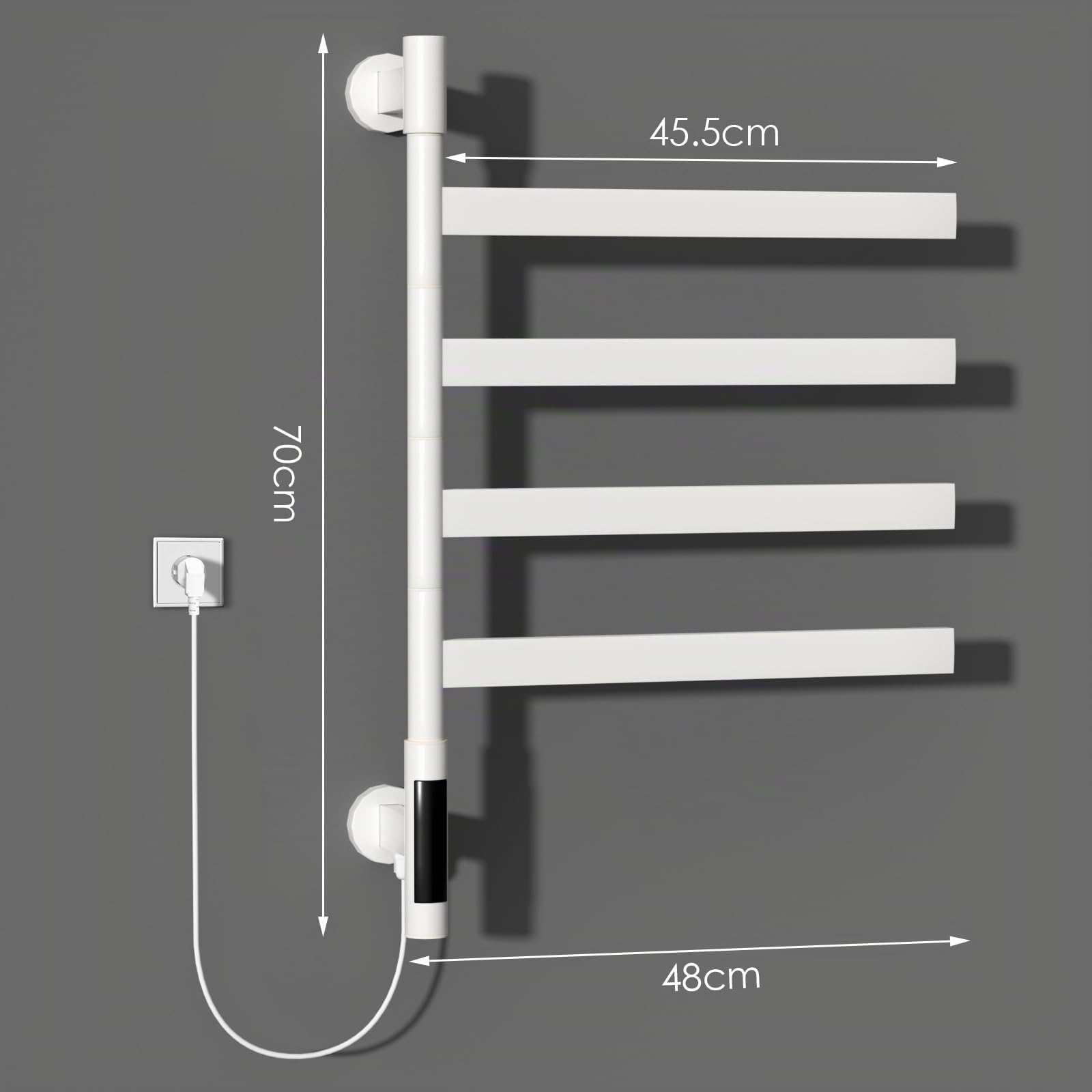 Toallero Eléctrico de Baño, Toallero Giratorio a 180°, Radiador de Toallas Eléctrico 70x48cm, 4 Barras Temperatura Ajustable Bajo Consumo 75W IPX4