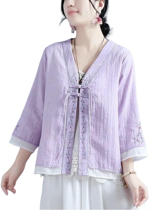 Women's Cotton Linen Floral Vine Embroidered Double Frog Button 3/4 Sleeve Top Chinese Style Retro Literary Blouse