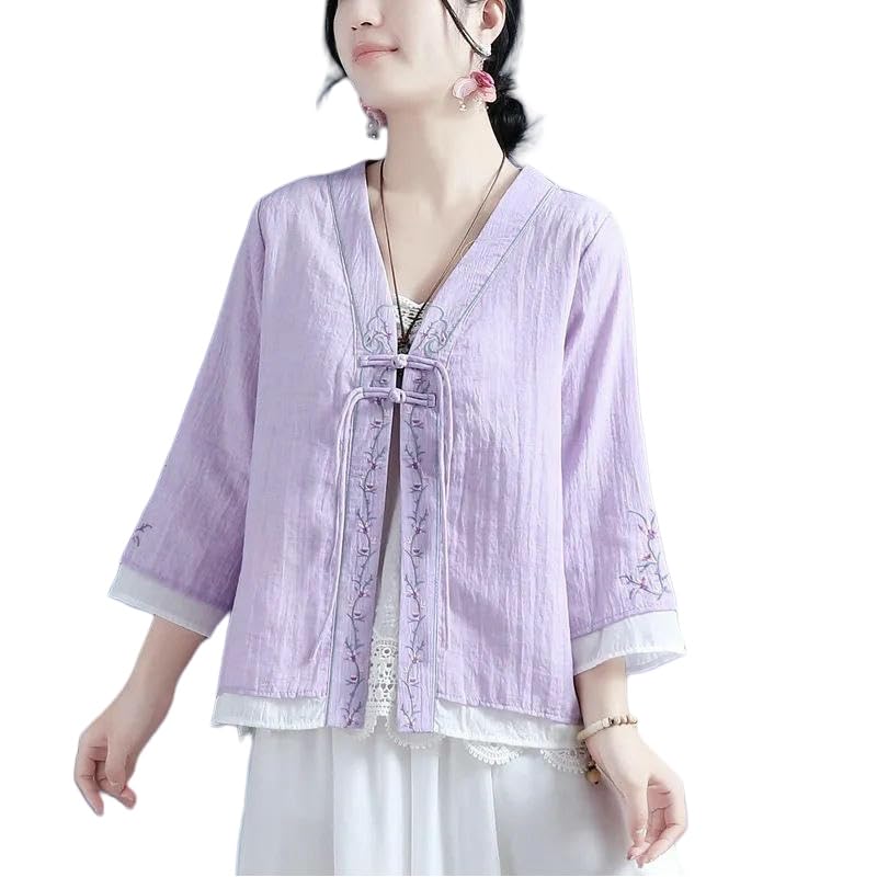 Chemisier rétro en coton et lin brodé à fleurs pour femme avec manches 3/4