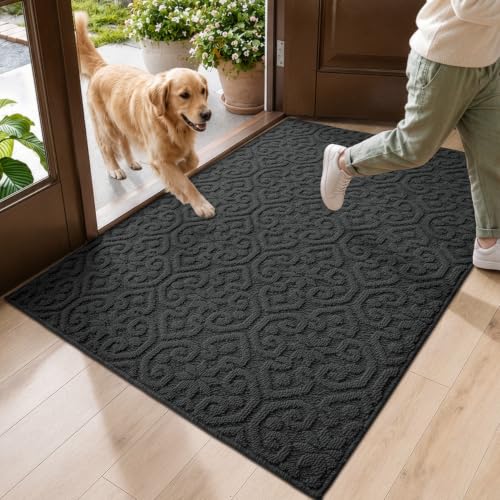 DEXI Front Door Mat Indoor Entrance, 32x48 Entryway Doormat, Dark Grey