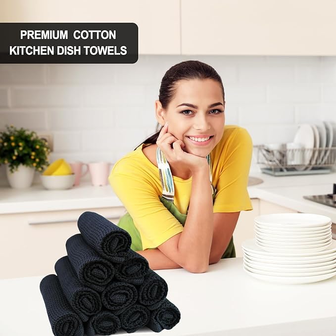 Image of Cotton Kitchen Dish Cloths, 6 Pack Super Absorbent and Lint Free Waffle Weave Dish Towels, Fast Drying Dish Rags for Washing Dishes, 13.4 X 13.4 Inch, (Black, Pack of 6)