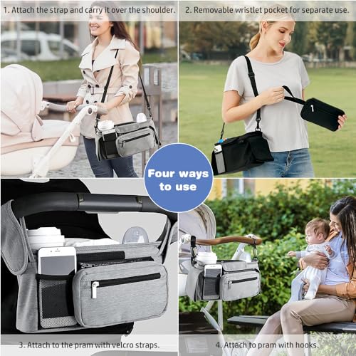 KLERICER Baby Stroller Organizer, Universal Stroller Organizer with Detachable Phone Bag, Stroller Caddy with 2 Insulated Cup Holders, Buggy