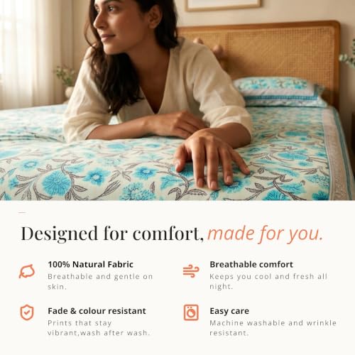 Image of Naksh Queen Size Bed Sheet Sky Blue Floral Print 2 Pillow Covers | Sky Blue Botanical Floral Print | Heritage Design for Queen Size Bedrooms