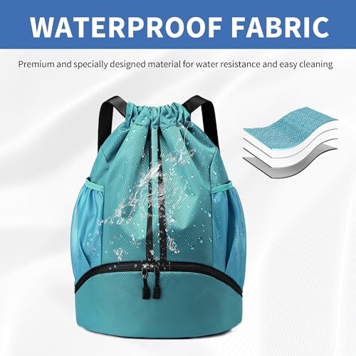 Image of JELUTAR Drawstring Backpack Gym Bag with Shoes Compartment, Teal | Water-Resistant String Backpack for Soccer, Basketball, Swim, Beach Cinch for Women Men, 22 L Large Capacity, Wet Pocket