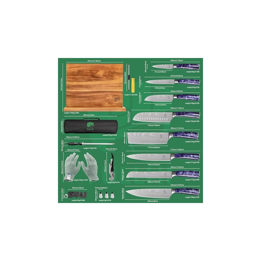 FULLHI Knife Set with Magnetic Knife Block Holder,15pcs Japanese Knife Set, German Stainless Steel Kitchen Knife Set