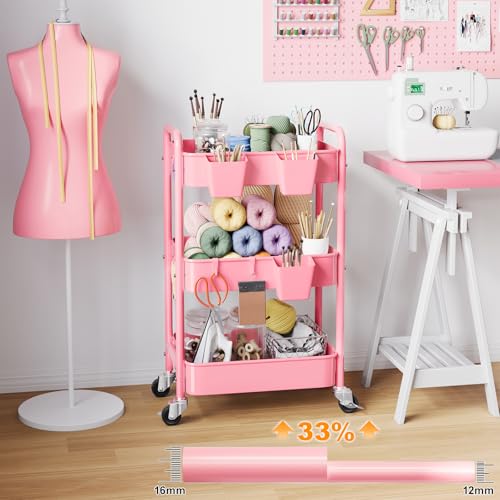 3 Tier Rolling Cart Metal with Lockable Wheels, Pink Three Tiered Diaper Caddy Cart Organizer on Wheels, Storage Utility Trolley Carts for Craft, Art, Nail, Lash, Baby Supplies, Cleaning, Mesh - Image 3