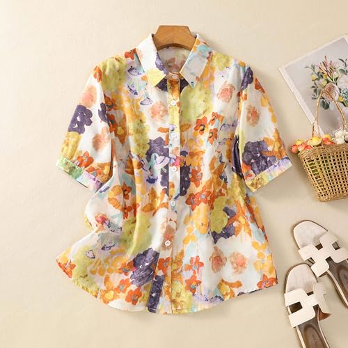 Image of Gufrina Women Mustard Multicolor Floral Print Button-Down Shirt with Elbow Sleeves and Collar Neck in Soft Breathable Fabric Ideal for Casual wear and Relaxed Styling