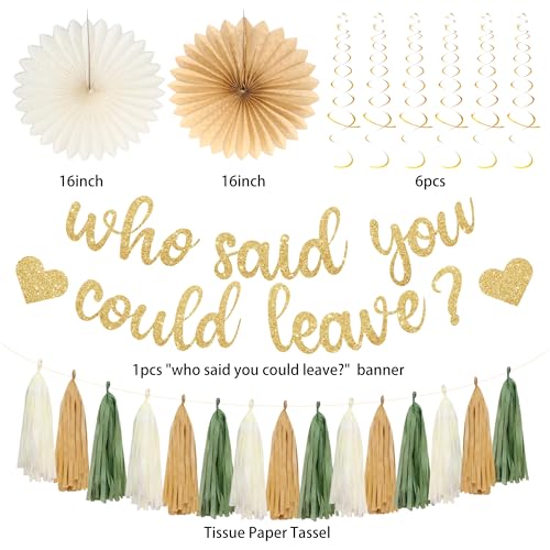 Image of Roetyce Farewell Party Decorations Women Men, Gold Glitter Who Said You Could Leave Banner, Green Going Away Leaving Goodbye Party Supplies for Coworker Friends, Retirement Photo Background Decor
