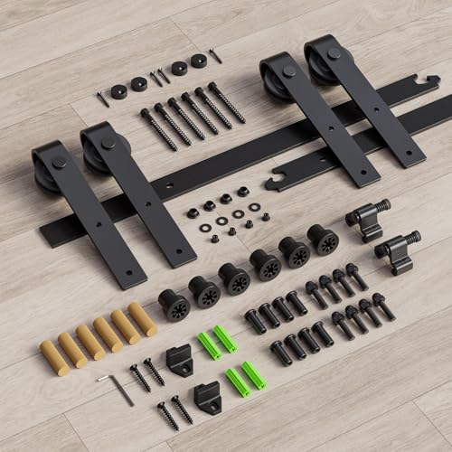 Image of CCJH 9FT Sliding Barn Door Hardware Kit, Heavy Duty, Smoothly and Quietly, Easy to Install, Fit 27 inch Width Double Door Panel, Basic Style Hangers Black