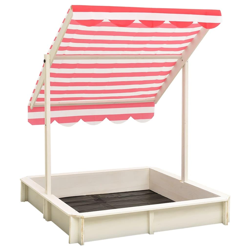 Piaskownica z drewna jodłowego, biała i czerwona, z regulowanym dachem UV50, 115 x 115 x 115 cm, do ogrodu, na podwórko, taras i plażę, zabawka dla dzieci do zabawy na świeżym powietrzu do