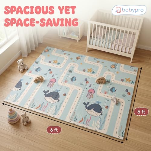 Image of BabyPro 5mm Reversible Baby Playmat, 6 x 5 ft Foldable Mat, Play Trails | Waterproof, BPA-Free XPE Foam, Non-Toxic Bounce-Back Cushion, XL