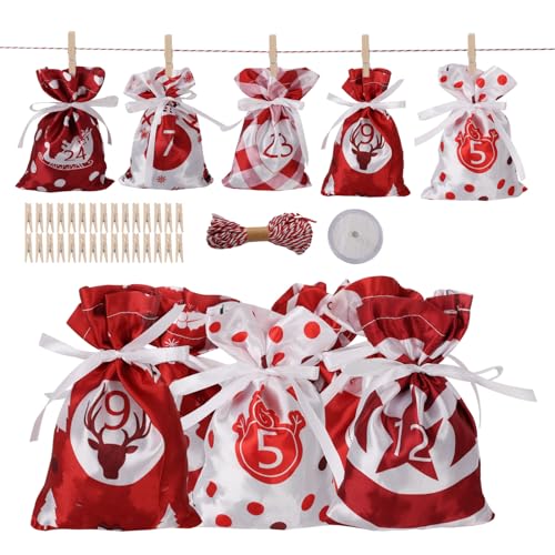 Adventskalender zum Befüllen, DIY Weihnachten Geschenksäckchen 24 Stücke mit Zahlen Aufkleber Mini-Holzklammern und 10m Jute Hanfseile, Weihnachtskalender tüten Geschenkbeutel-13X18cm