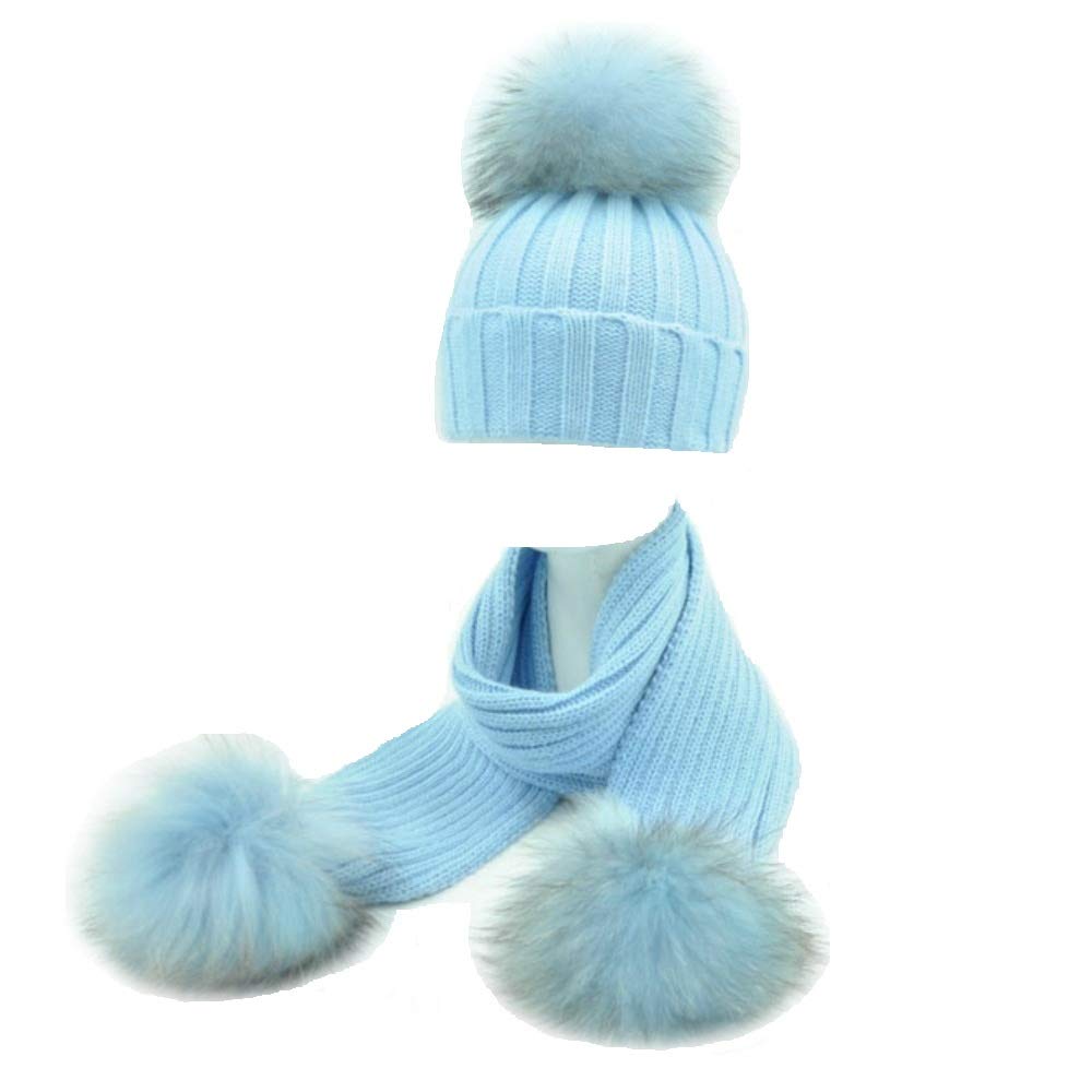 Set Cappello e Sciarpa Bambino PON PON Vera Pelliccia Celeste Azzurro 1-5 Anni Bimbo Cuffia Berretto Blue Baby Kids