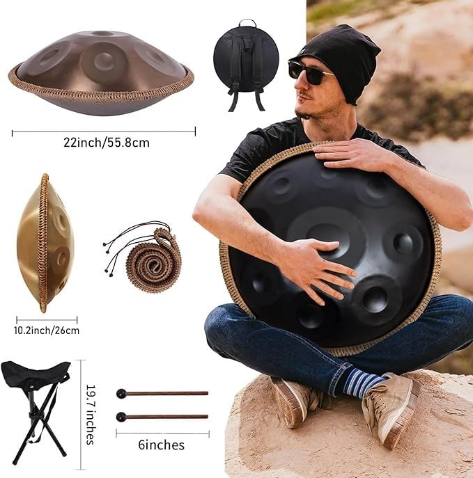 Handpan Drum 22 Zoll D-Moll - 9/10/12 Note Stahlinstrument mit Softbag, Schlägeln und Ständer, abgestimmt auf 432Hz und 440Hz