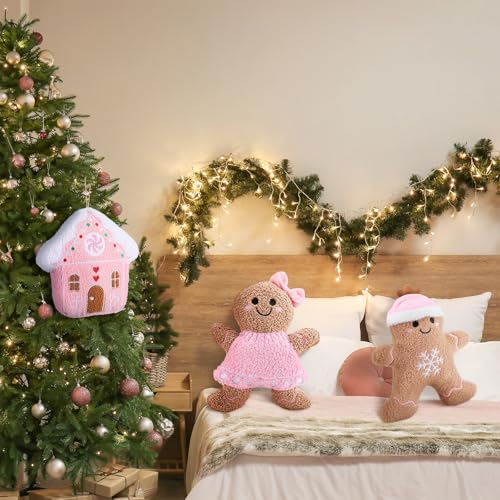 Image of Konohan 3 Pcs Christmas Gingerbread Pillows House Man Throw Pillows Stuffed Gingerbread Shaped Pillow for Christmas Party Outdoor Cushion Decorations(Pink,Lovely Style)