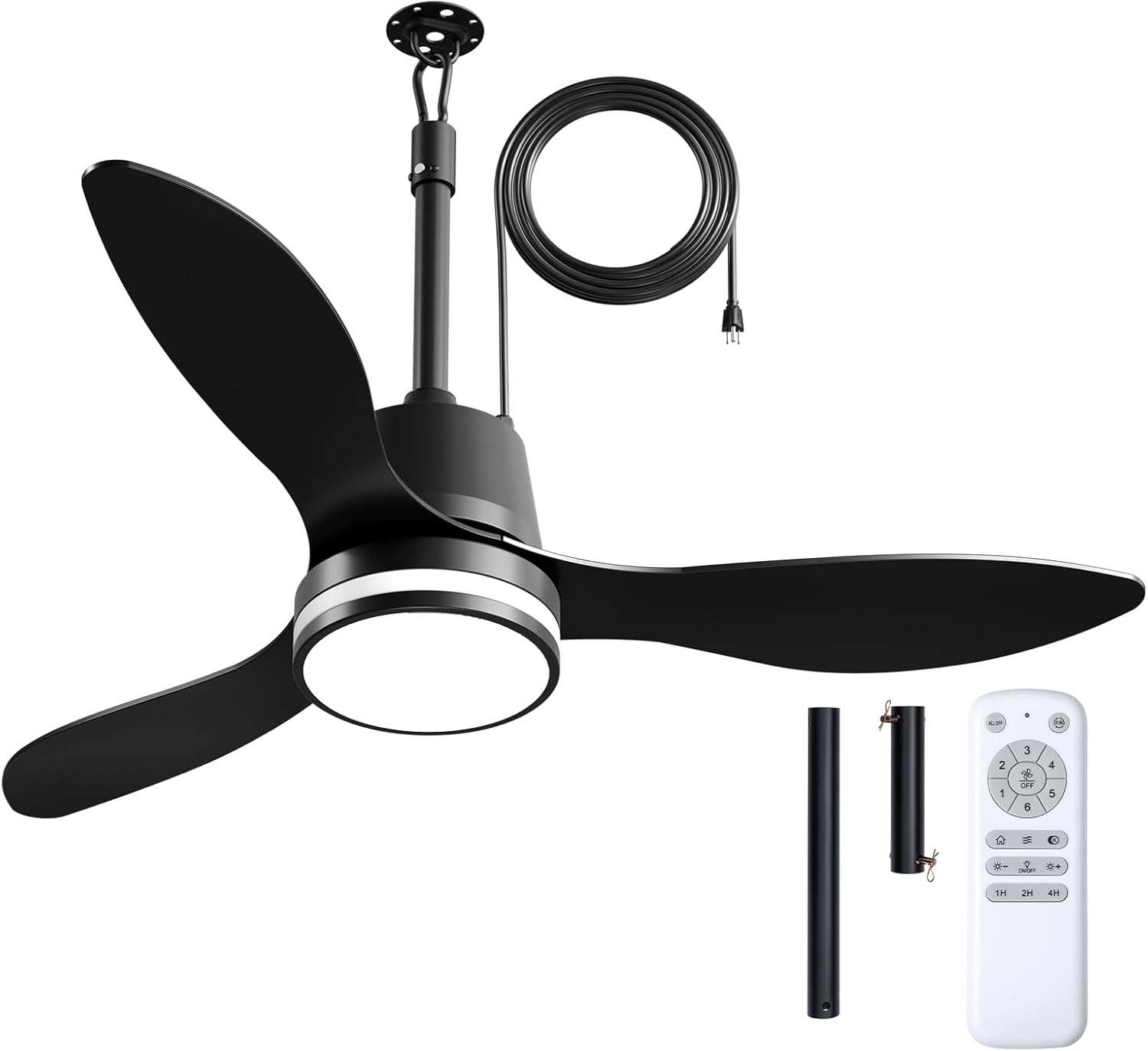 Amico 42 Inch Outdoor Ceiling Fans with Lights for Patios, IP65 Waterproof Gazebo Fan Remote Control,3CCT, 6 Speeds, Hook Hanging Plug in Ceiling Fan for Patio Porch Pergola Garage Canopy (Black)