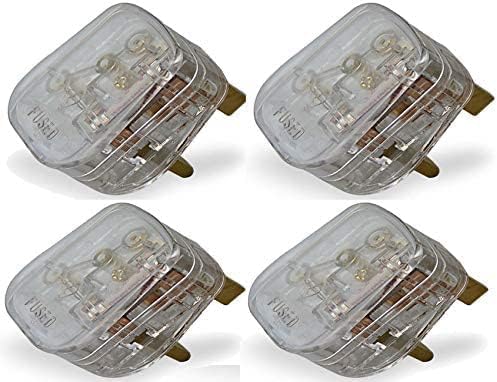 Mr. Gadget's Solutions Transparent UK Fused 13 Amp Mains 3 Pin Household Plugs. Complete with Card Showing Wiring Diagram - Pack of 4