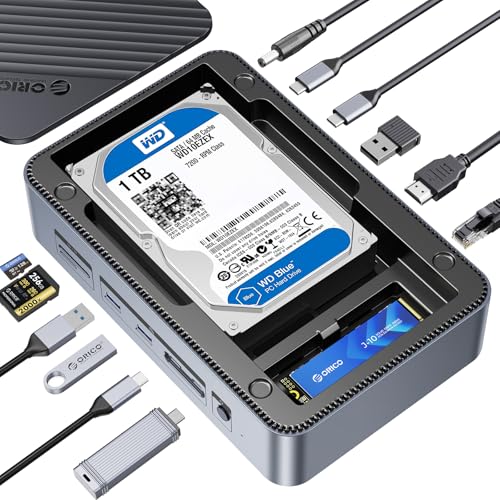 ORICO Estación de acoplamiento USB-C 12 en 1 con doble gabinete SSD – Soporta M.2 NVMe/SATA y unidades SATA de 2,5'/3,5' hasta 26TB, 10Gbps USB, 4K HDMI@60Hz D35M2-V1