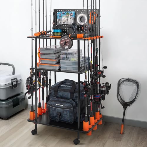 KastKing V12 Gear Trolley, Indoor Fishing Rod Holder for 12 Combos, 3-Tier Fishing Accessory Shelves With Peg Wall, Patented Built-in Line Spooler, Mobile Tackle Storage Cart With Locking Wheels