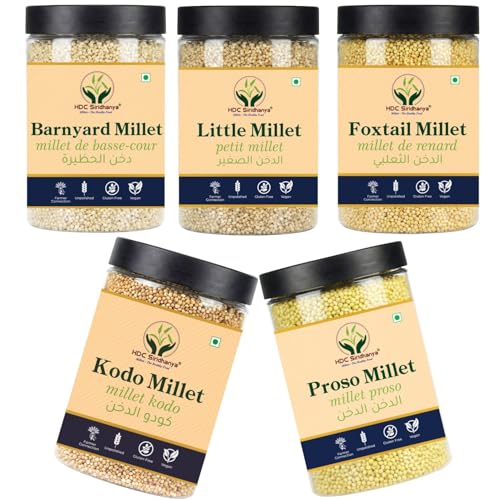 HDC Siridhanya Unpolished Whole Grain Millets Combo Pack | Foxtail | Kodo | Little | Barnyard | Proso | Naturally Gluten-Free | High Fibre | Rich in Protein | No Preservatives (700g x 5 Incl. Jars)