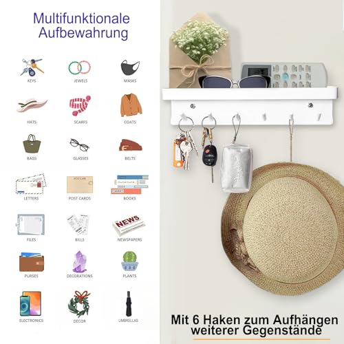 Echehi Schlüsselhalter mit 6 Haken, Einfach zu Installierende Schlüsselbrett Ohne Bohren, Metall Schlüsselablage, Garderobe, Briefständer, Geeignet für Eingangsbereiche und Hinter Türen. Weiß