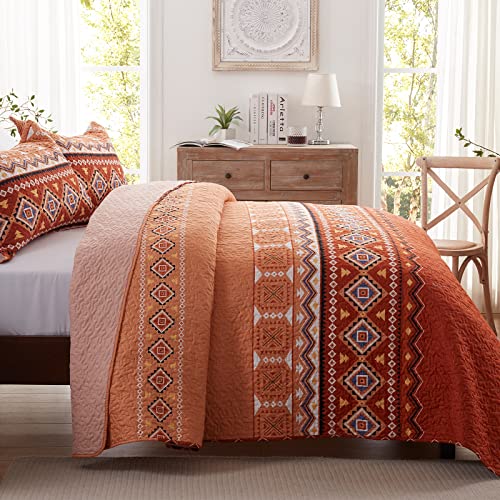 Leaonme Quilt Set Full/Queen Size 3 Piece Bedspread Coverlet Lightweight Comforter Microfiber Bedding Set All Season Oversized 90X98 Inch Bed Cover Bohemian Burnt Orange/Rust(1 Quilt,2 Pillow Shams) #TOP2