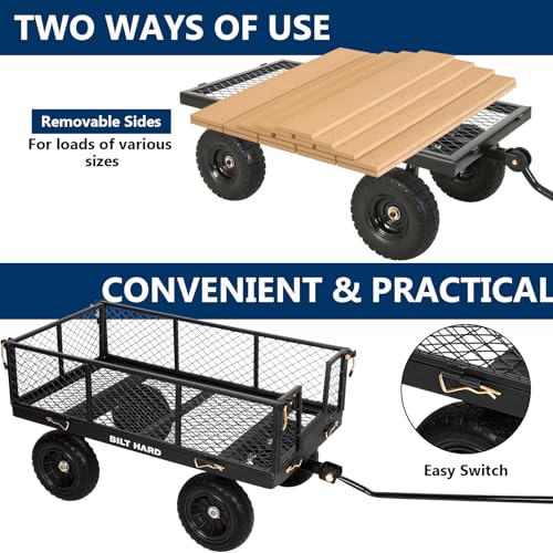 Image of BILT HARD 10 inch Flat Free Tires Heavy Duty Garden Cart with 180 Rotating Handle and Removable Sides, 4 Cu.Ft 880 lbs Capacity Utility Steel Wagons for Outdoor, Yard