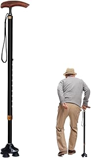 Height Adjustable Walking Cane for Men & Women, with 4-Pronged Base, Retractable Quad Cane, for Extra Stability, for Seniors